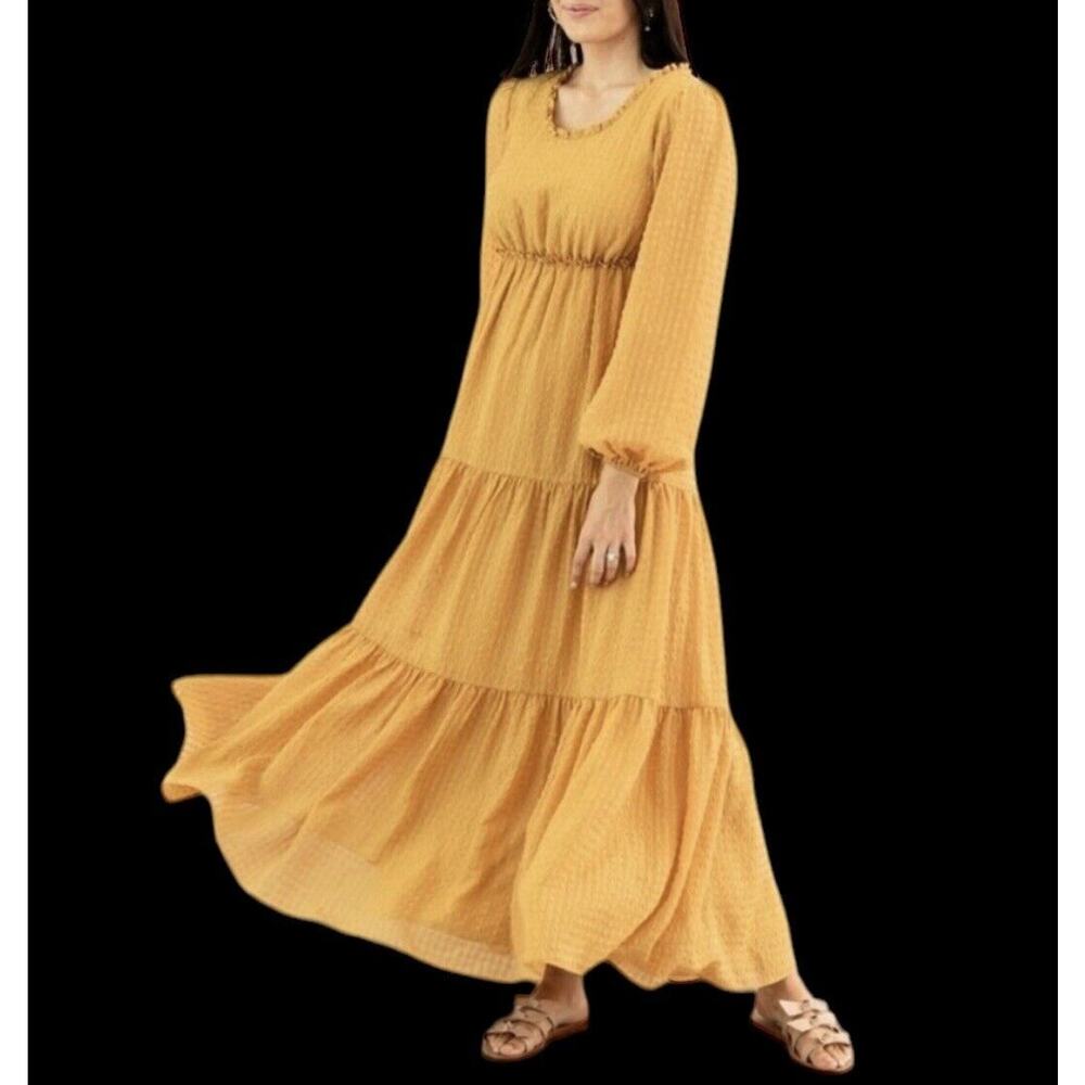 Rachel Parcell Tiered Maxi Dress Sz L Yellow Myth Lined Long Sleeves Ruffled